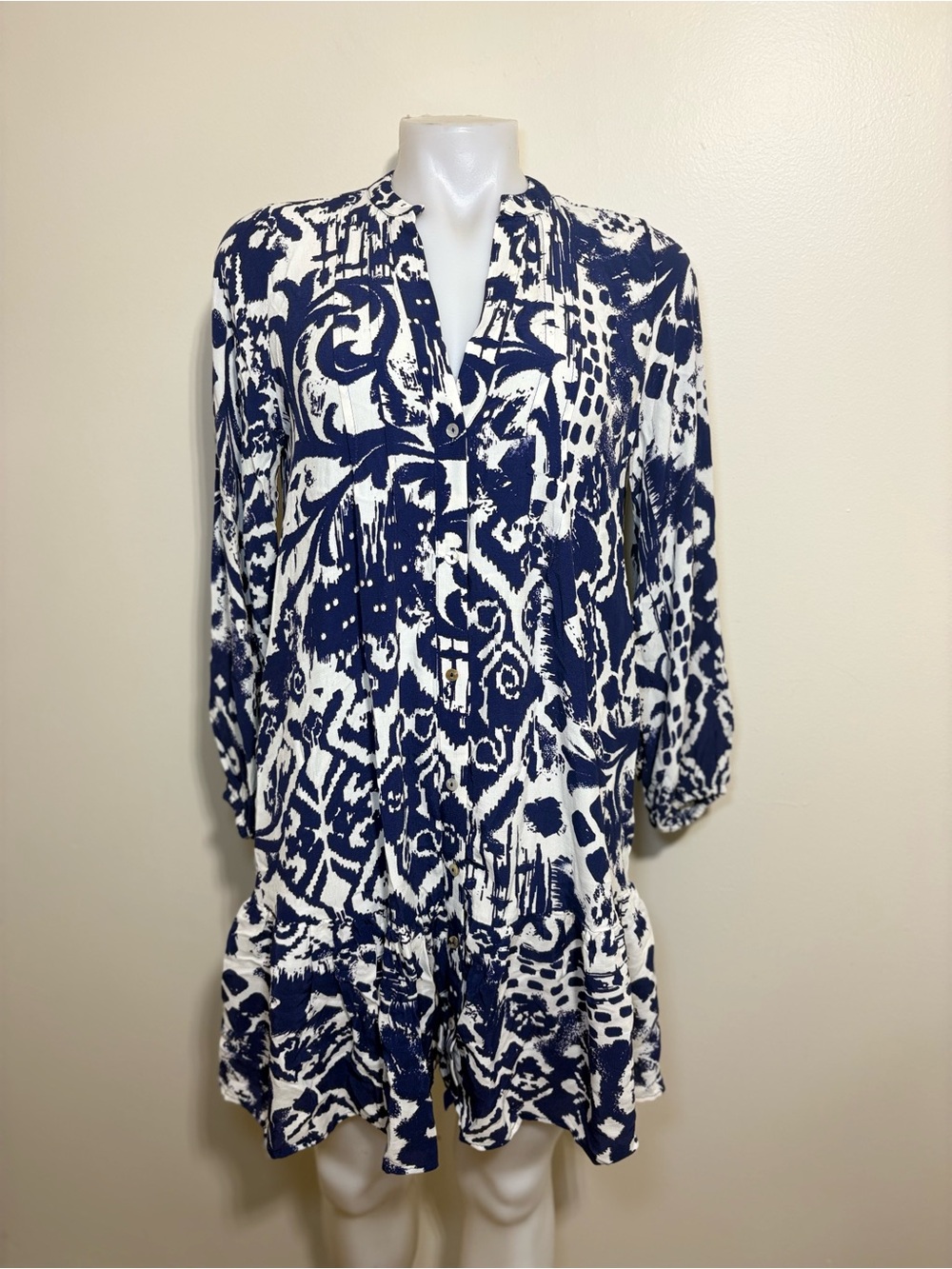 ZARA Mini Dress Tunic Oversized Loose Fit Long Sleeve Blue Print XS